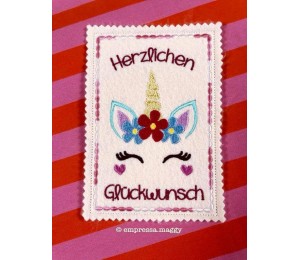 Stickdatei ITH - Postkarte Dreaming Unicorn Herzlichen Glückwunsch